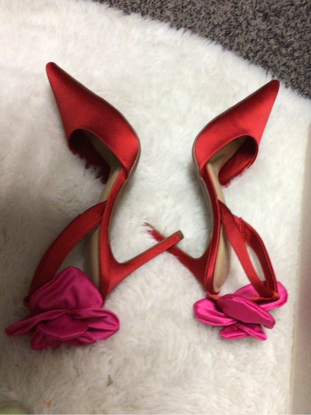 Gianni Bini Red Satin Pointed-Toe Heels with Pink Floral Ankle Accent - Picture 4 of 5